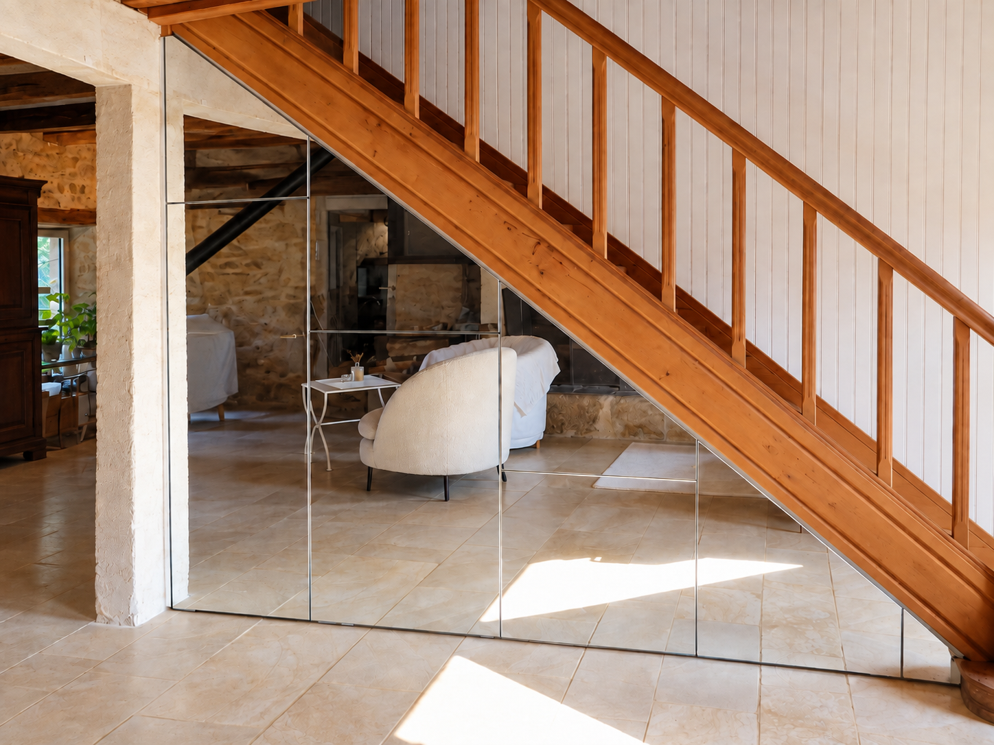 Vue de face des placards miroir réalisés sur mesure sous l’escalier