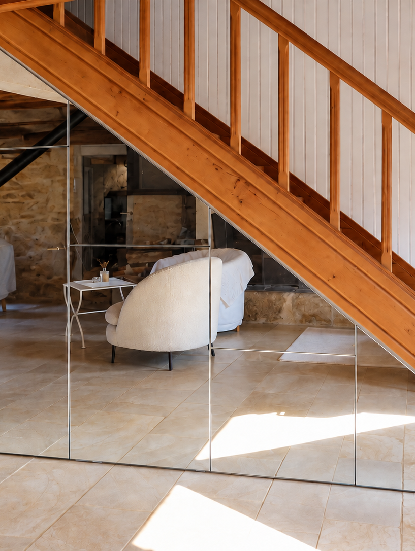 Vue de face des placards miroir réalisés sur mesure sous l’escalier
